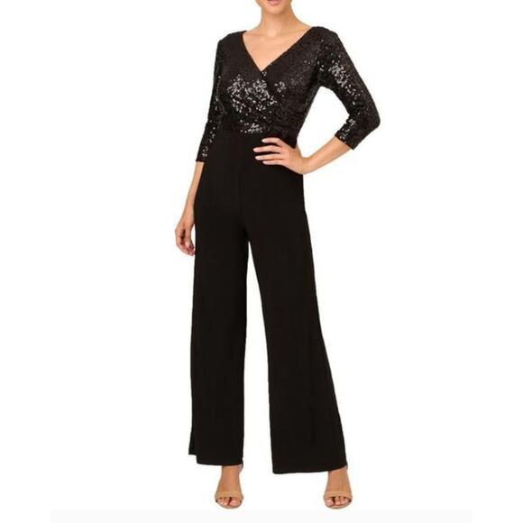 Adrianna Papell Jumpsuit Womens 2 Black Sequined Wide Leg V Neck Holiday Party - Picture 1 of 11